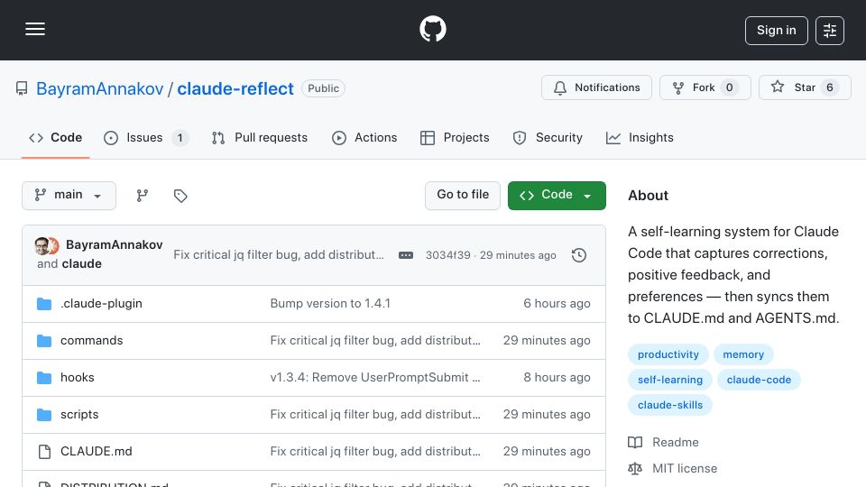 Screenshot of github.com: Show HN: Claude Reflect – Auto-turn Claude corrections into project config