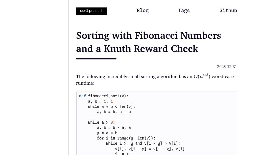Screenshot of orlp.net: Sorting with Fibonacci Numbers and a Knuth Reward Check