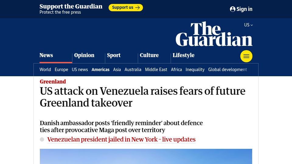 Screenshot of theguardian.com: US attack on Venezuela raises fears of future Greenland takeover