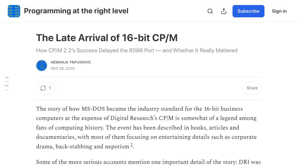 Screenshot of nemanjatrifunovic.substack.com: The Late Arrival of 16-Bit CP/M