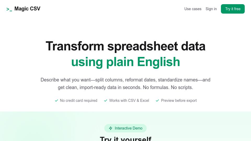 Screenshot of magiccsv.app: Show HN: Magic CSV – Transform CSVs with plain English, no formulas