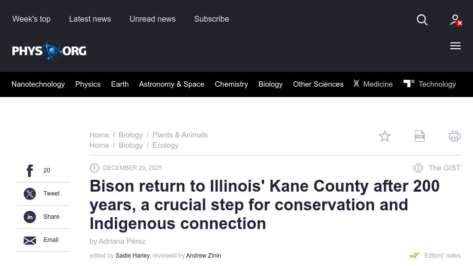 Screenshot of phys.org: Bison return to Illinois' Kane County after 200 years