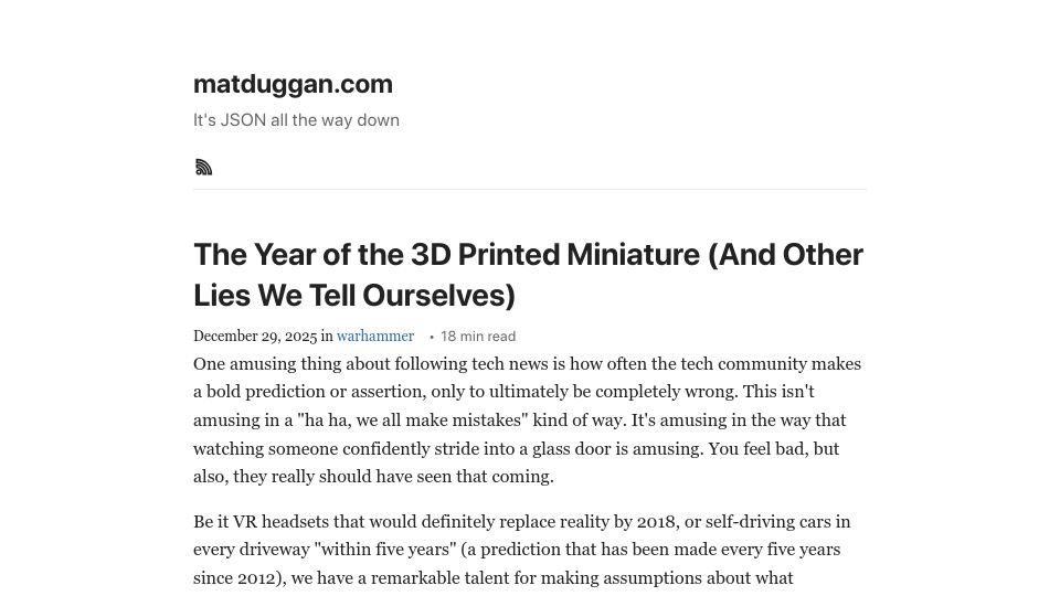 Screenshot of matduggan.com: The year of the 3D printed miniature and other lies we tell ourselves
