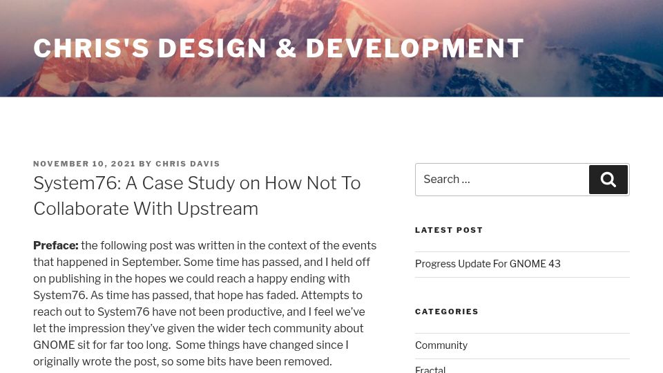Screenshot of blogs.gnome.org: System76: A Case Study on How Not to Collaborate with Upstream