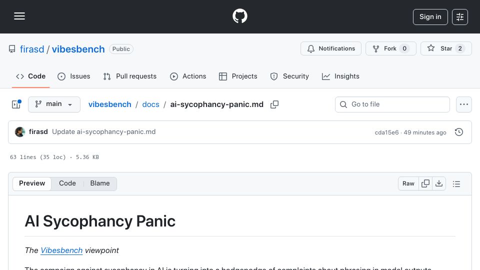 Screenshot of github.com: AI sycophancy panic