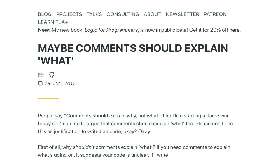 Screenshot of hillelwayne.com: Maybe comments should explain 'what' (2017)