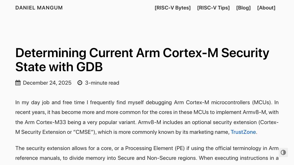 Screenshot of danielmangum.com: Determining Current Arm Cortex-M Security State with GDB