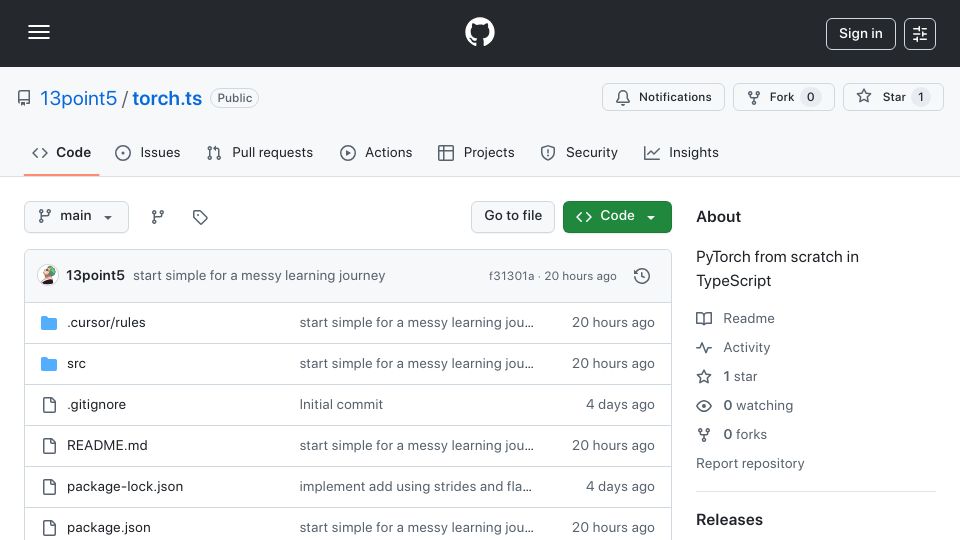 Screenshot of github.com: Torch.ts – building PyTorch in TypeScript from scratch to learn