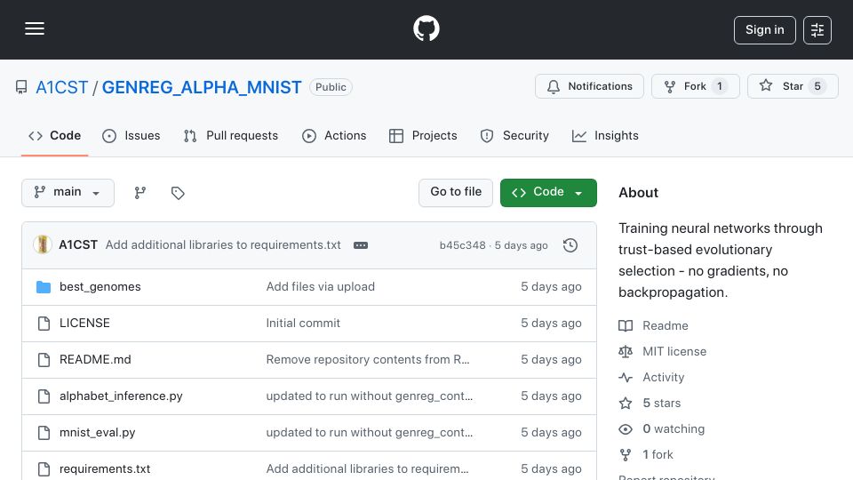 Screenshot of github.com: Evolution: Training neural networks with genetic selection achieves 81% on MNIST