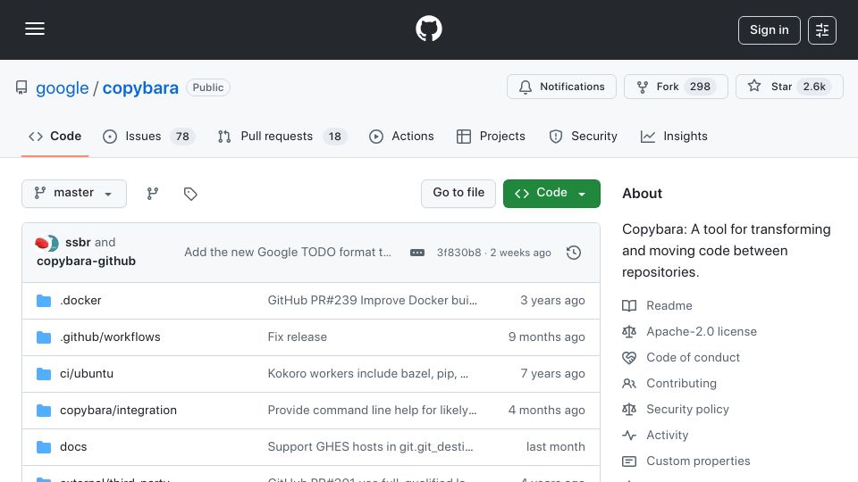 Screenshot of github.com: Copybara – tool for transforming and moving code between repositories