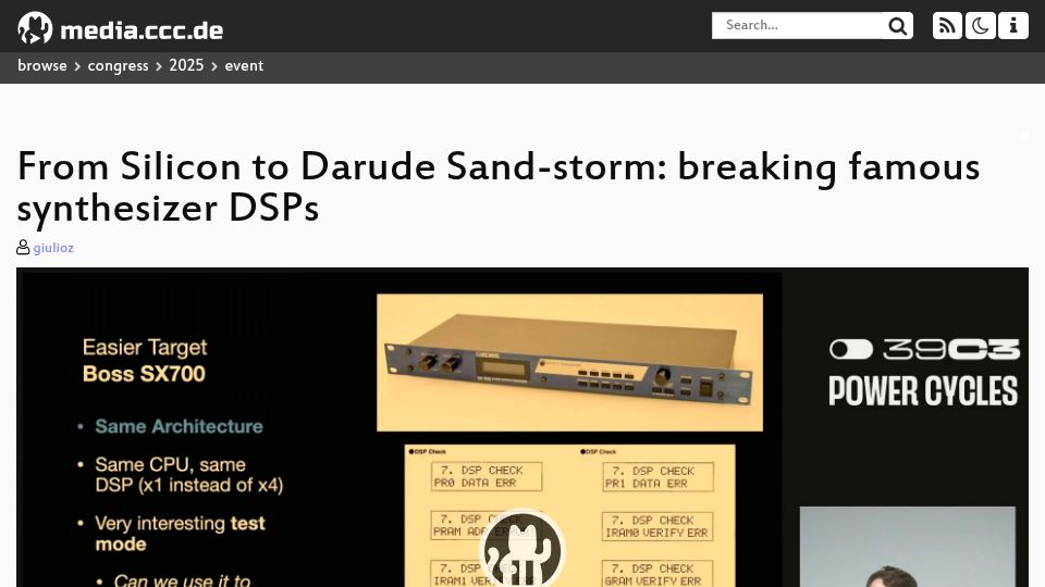 Screenshot of media.ccc.de: From silicon to Darude – Sandstorm: breaking famous synthesizer DSPs [video]
