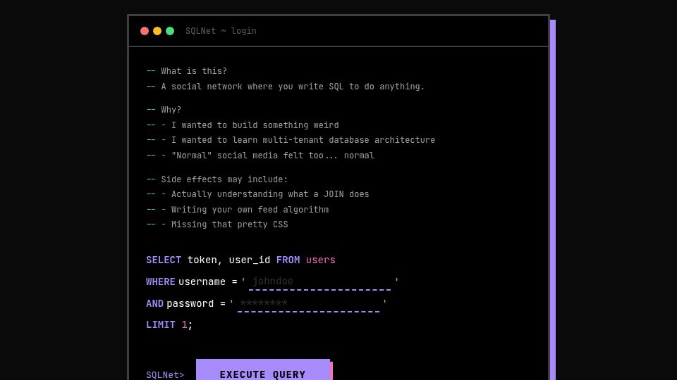 Screenshot of sqlnet.cc: SQLNet A social network that looks like Twitter but you write SQL to do anything