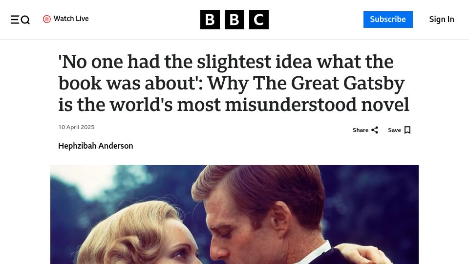 Screenshot of bbc.com: The Great Gatsby is the most misunderstood novel (2021)