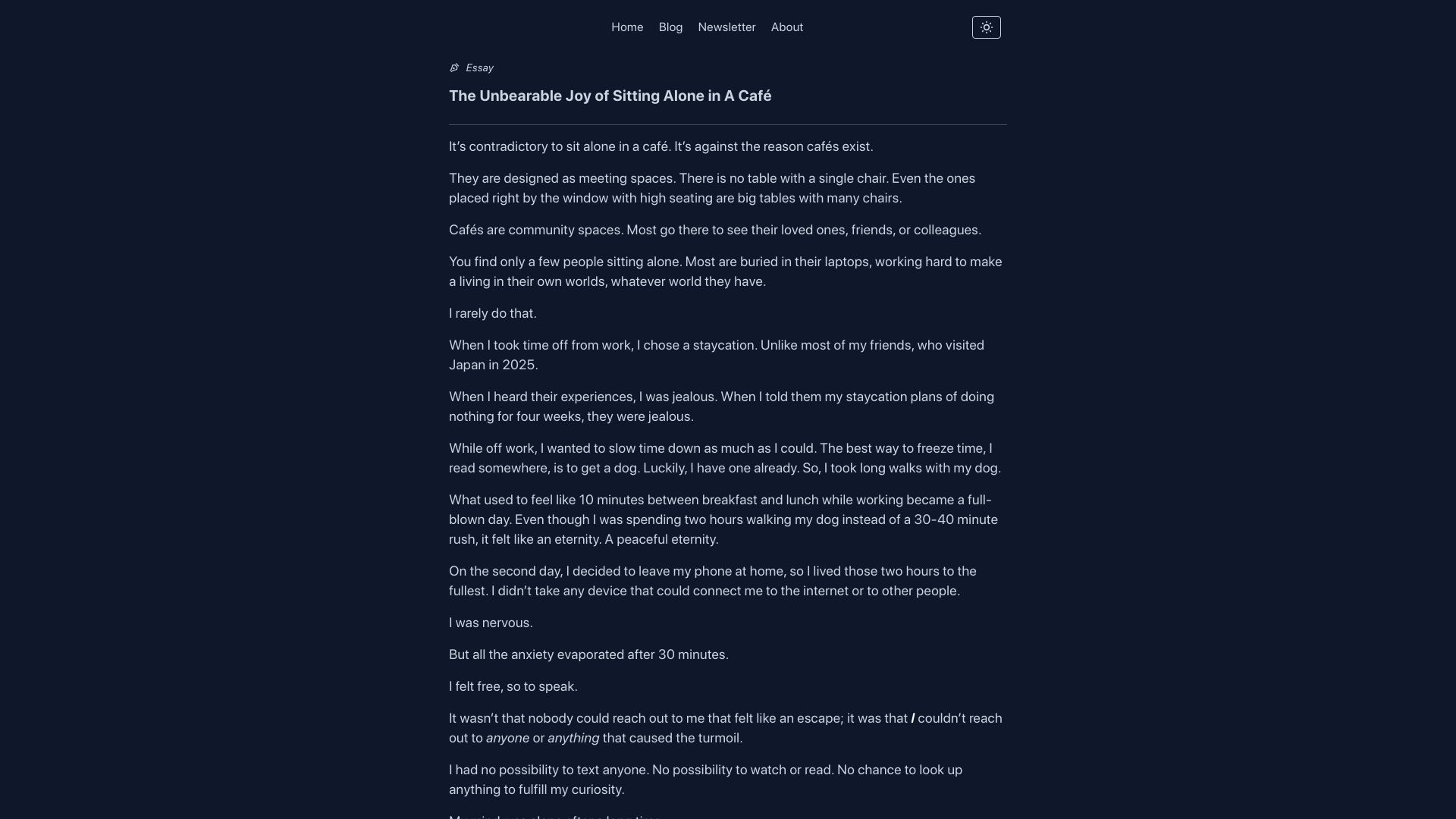 Screenshot of candost.blog: The unbearable joy of sitting alone in a café