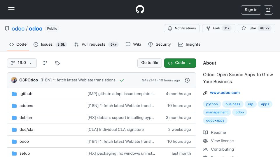 Screenshot of github.com: Odoo: Open-Source ERP