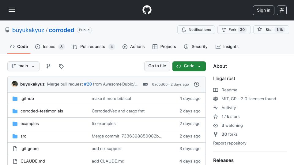 Screenshot of github.com: Corroded: Illegal Rust