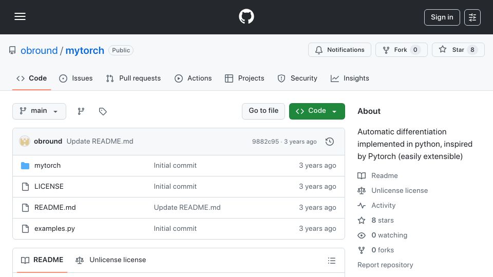 Screenshot of github.com: MyTorch – Minimalist autograd in 450 lines of Python