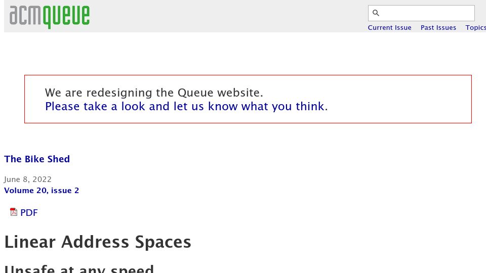 Screenshot of queue.acm.org: Linear Address Spaces: Unsafe at any speed (2022)