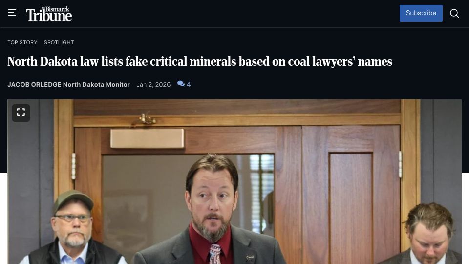 Screenshot of bismarcktribune.com: North Dakota law lists fake critical minerals based on coal lawyers' names
