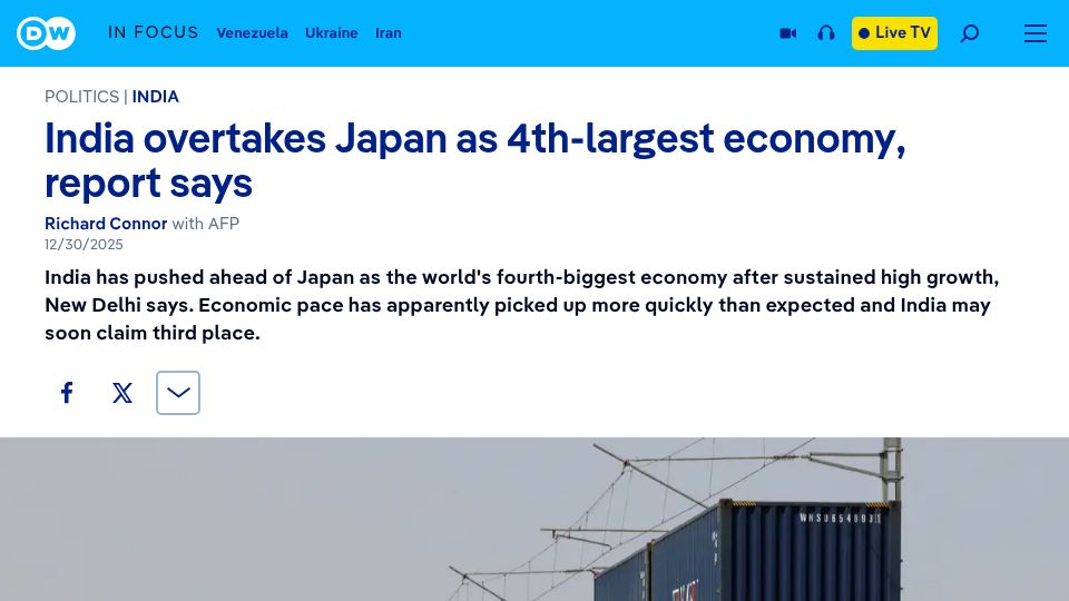 Screenshot of dw.com: India has surpassed Japan to become the fourth-largest economy