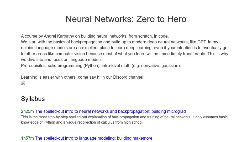 Screenshot of karpathy.ai: Neural Networks: Zero to Hero