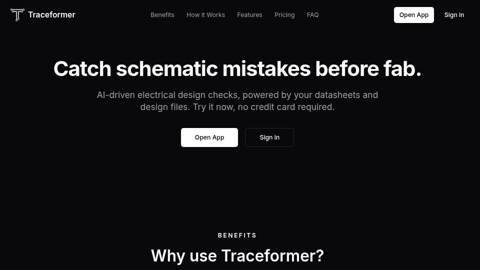 Screenshot of traceformer.io: Show HN: An LLM-Powered PCB Schematic Checker (Major Update)