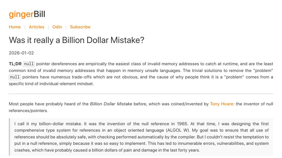 Screenshot of gingerbill.org: Was it a billion dollar mistake?