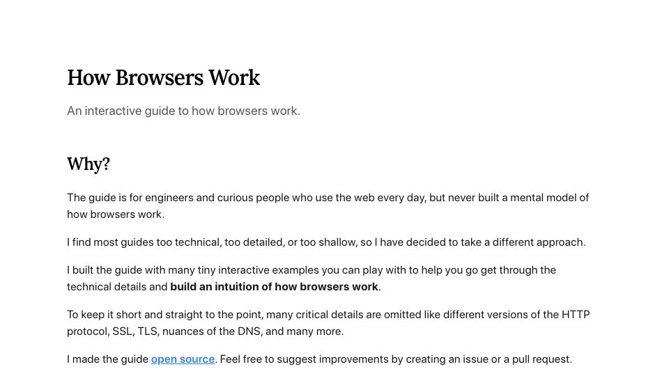 Screenshot of howbrowserswork.com: Show HN: An interactive guide to how browsers work