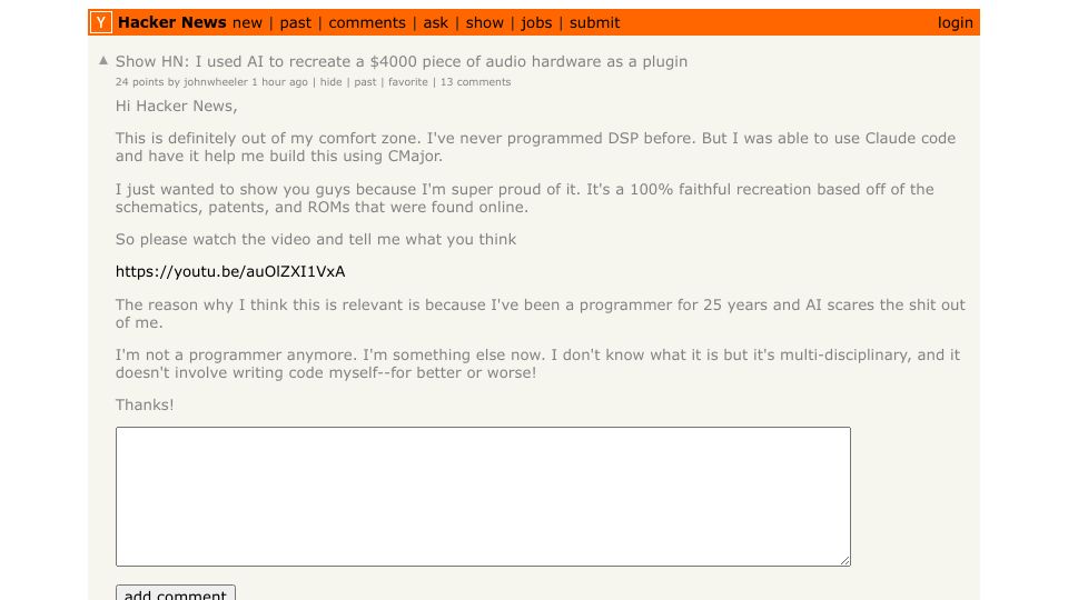 Screenshot of Hacker News post: Show HN: I used AI to recreate a $4000 piece of audio hardware as a plugin