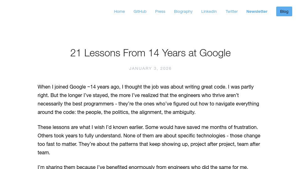 Screenshot of addyosmani.com: Lessons from 14 years at Google