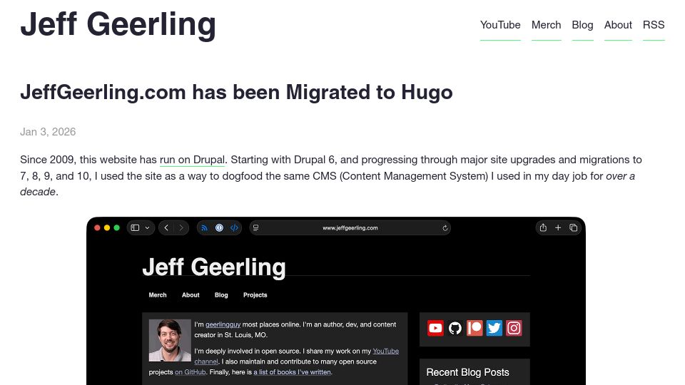 Screenshot of jeffgeerling.com: Jeffgeerling.com has been migrated to Hugo