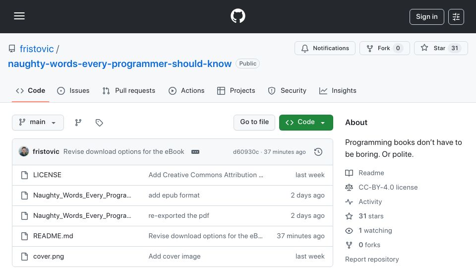 Screenshot of github.com: NSFW Acronyms for Programmers (Free eBook)
