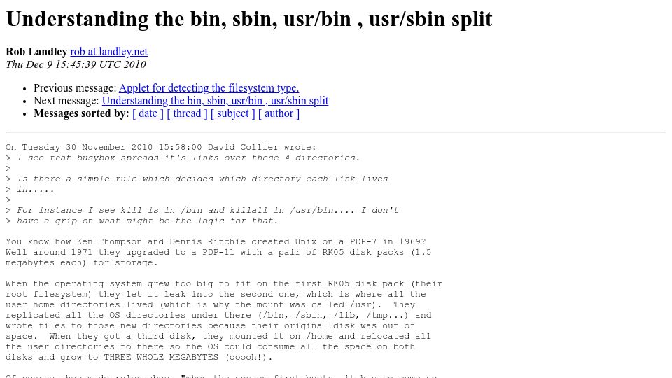Screenshot of lists.busybox.net: Understanding the bin, sbin, usr/bin, usr/sbin split (2010)