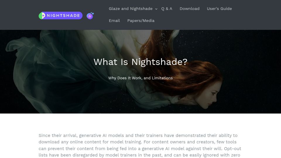 Screenshot of nightshade.cs.uchicago.edu: Nightshade: Make images unsuitable for model training