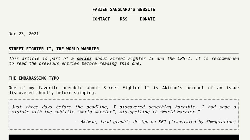 Screenshot of fabiensanglard.net: Street Fighter II, the World Warrier (2021)
