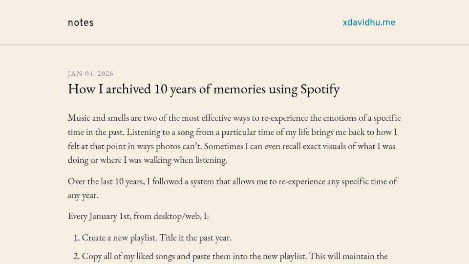 Screenshot of notes.xdavidhu.me: How I archived 10 years of memories using Spotify