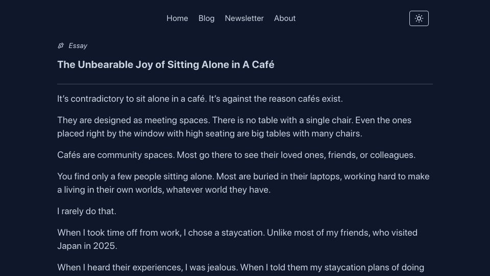 Screenshot of candost.blog: The unbearable joy of sitting alone in a café