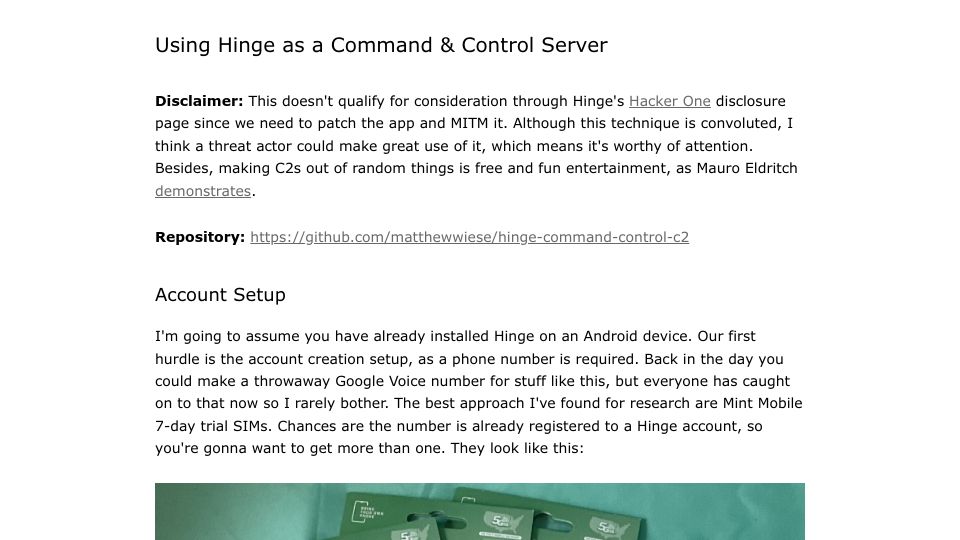 Screenshot of mattwie.se: Using Hinge as a Command and Control Server