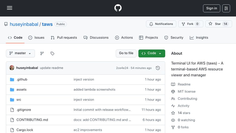 Screenshot of github.com: Show HN: Terminal UI for AWS