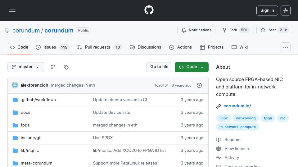 Screenshot of github.com: Corundum – open-source FPGA-based NIC and platform for in-network compute