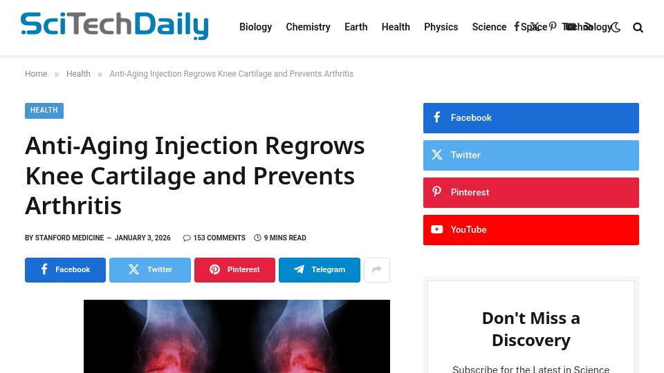 Screenshot of scitechdaily.com: Anti-aging injection regrows knee cartilage and prevents arthritis