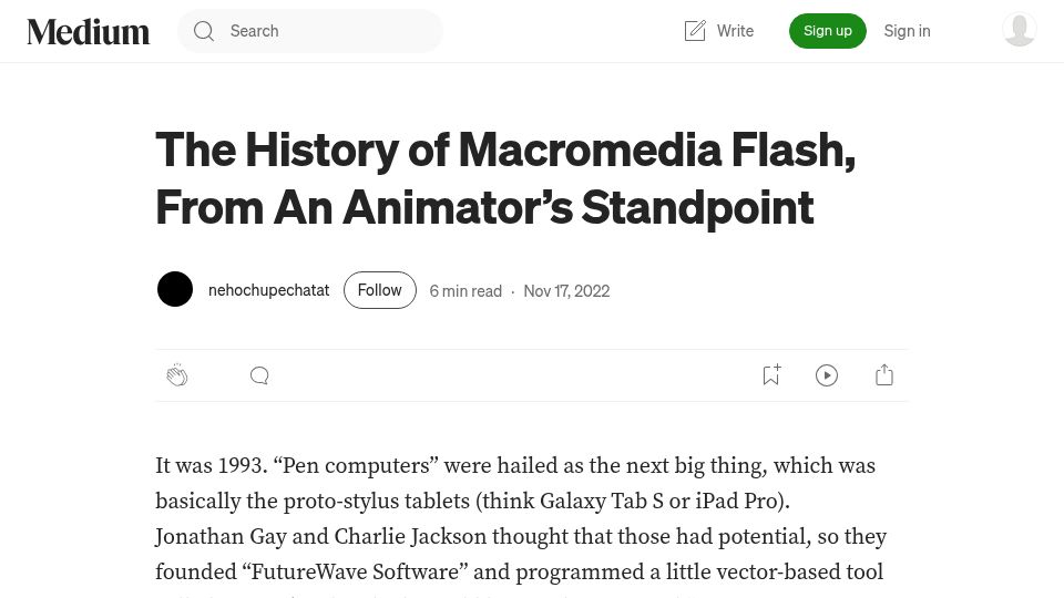 Screenshot of medium.com: Macromedia Flash, from an Animator's Standpoint (2022)