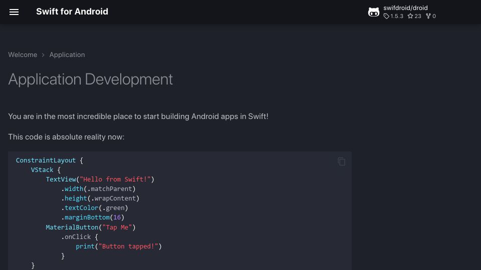 Screenshot of docs.swifdroid.com: Swift on Android: Full Native App Development Now Possible