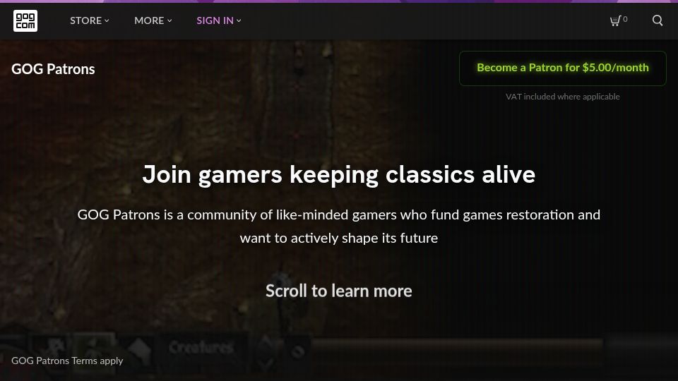 Screenshot of gog.com: GOG Patrons- Join gamers keeping classics alive