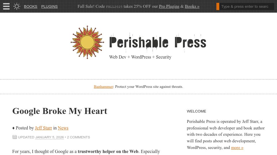 Screenshot of perishablepress.com: Google broke my heart