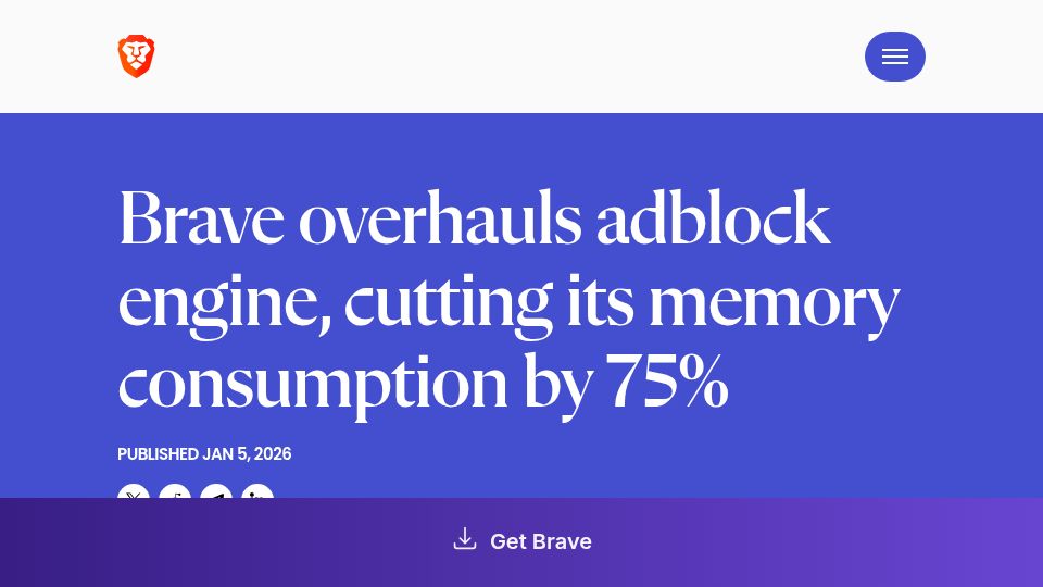 Screenshot of brave.com: Brave overhauled its Rust adblock engine with FlatBuffers, cutting memory 75%