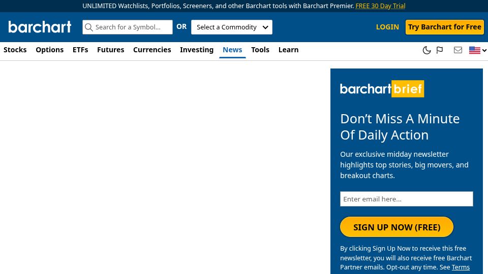 Screenshot of barchart.com: Jensen: 'We've done our country a great disservice' by offshoring