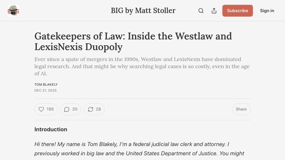 Screenshot of thebignewsletter.com: Gatekeepers of Law: Inside the Westlaw and LexisNexis Duopoly