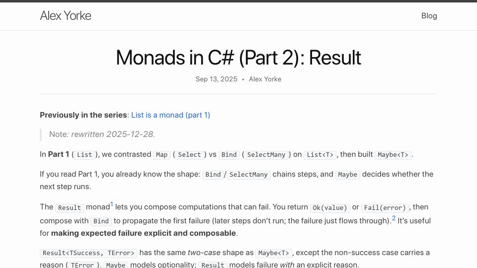 Screenshot of alexyorke.github.io: Monads in C# (Part 2): Result