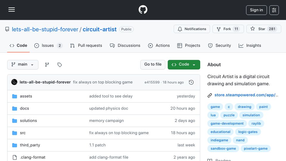 Screenshot of github.com: Show HN: Circuit Artist – Circuit simulator with propagation animation, rewind